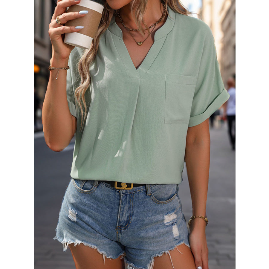 Pocketed Notched Short Sleeve Blouse Sage / S Apparel and Accessories