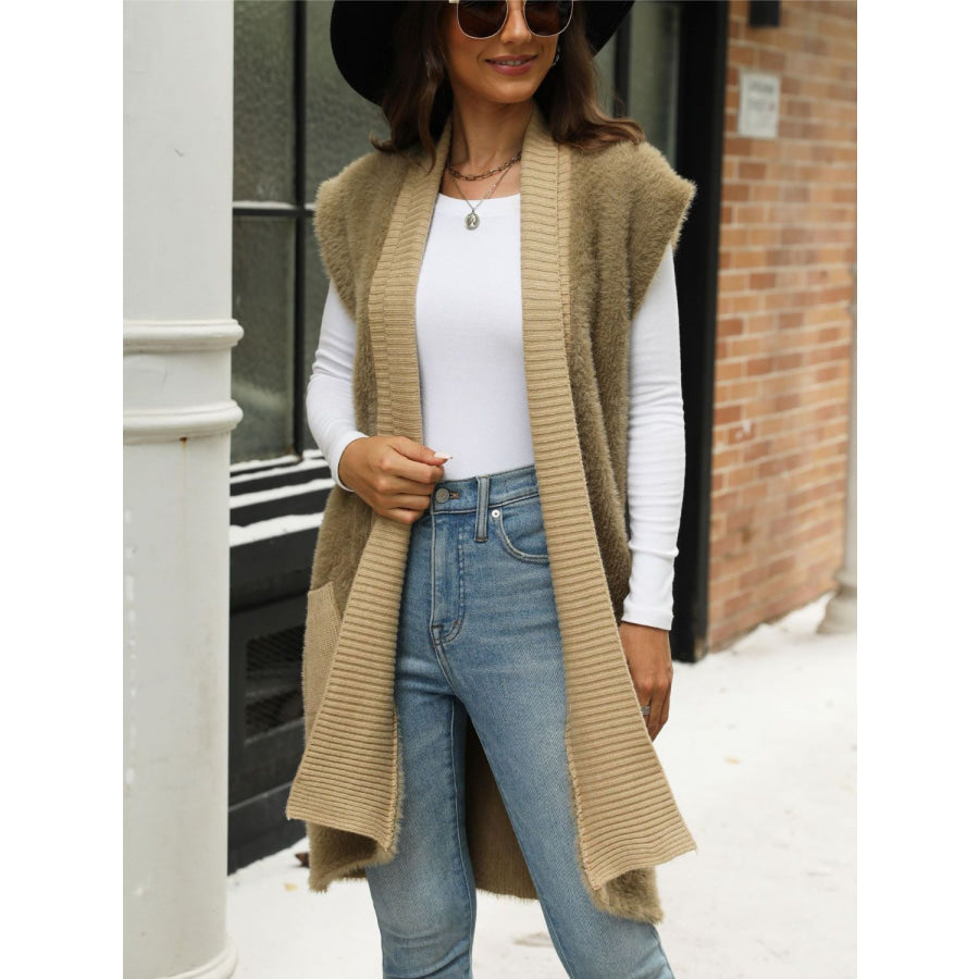 Pocketed Open Front Cap Sleeve Cardigan Apparel and Accessories