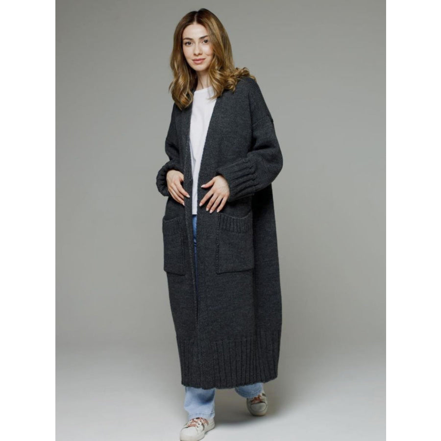 Pocketed Open Front Dropped Shoulder Cardigan Apparel and Accessories