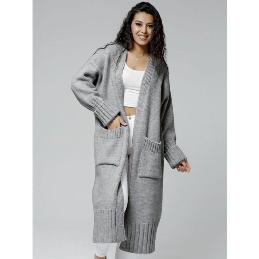 Pocketed Open Front Dropped Shoulder Cardigan Gray / One Size Apparel and Accessories