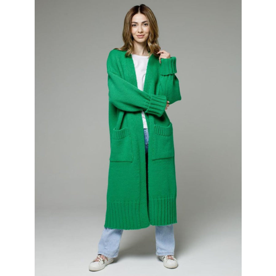 Pocketed Open Front Dropped Shoulder Cardigan Green / One Size Apparel and Accessories