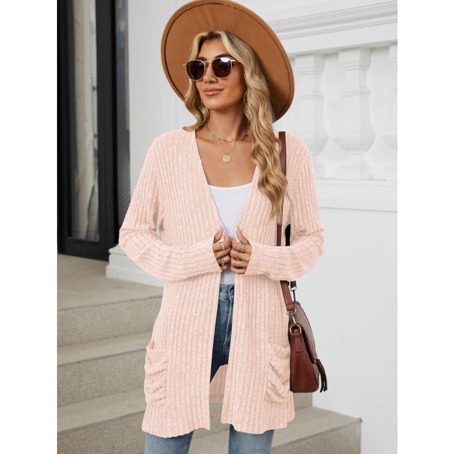 Pocketed Open Front Long Sleeve Cardigan Apparel and Accessories