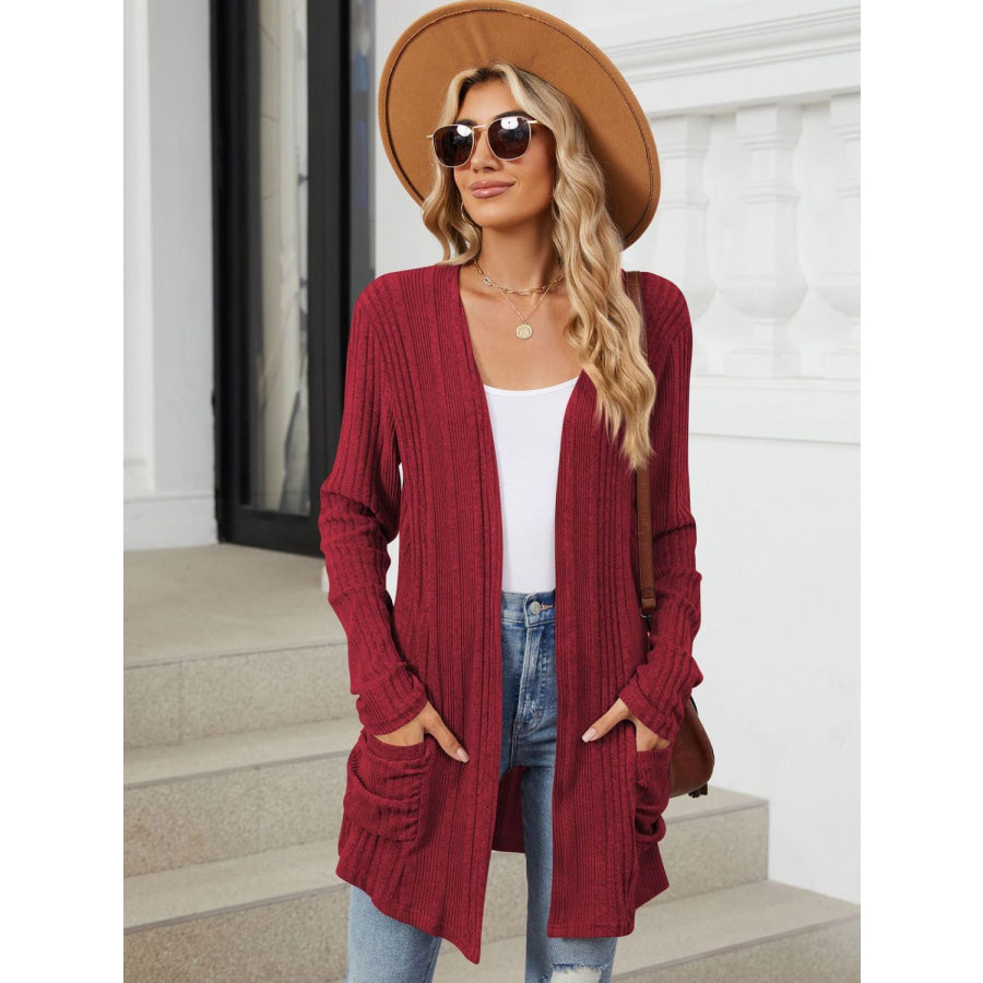 Pocketed Open Front Long Sleeve Cardigan Apparel and Accessories