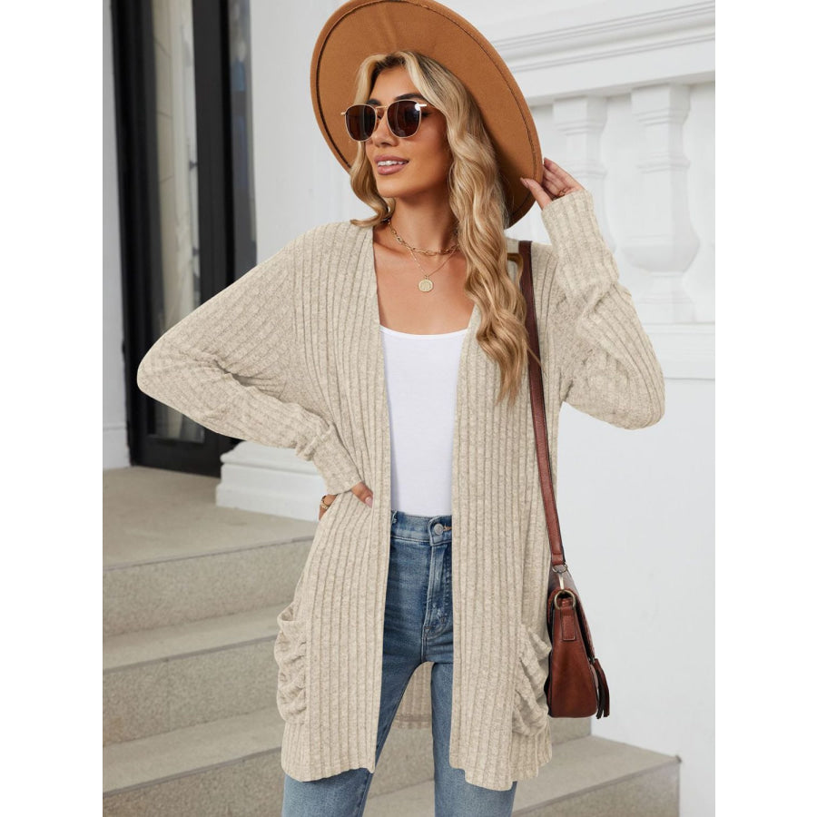 Pocketed Open Front Long Sleeve Cardigan Apparel and Accessories