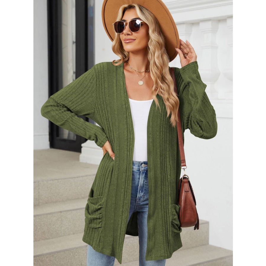 Pocketed Open Front Long Sleeve Cardigan Apparel and Accessories