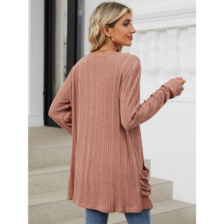 Pocketed Open Front Long Sleeve Cardigan Apparel and Accessories