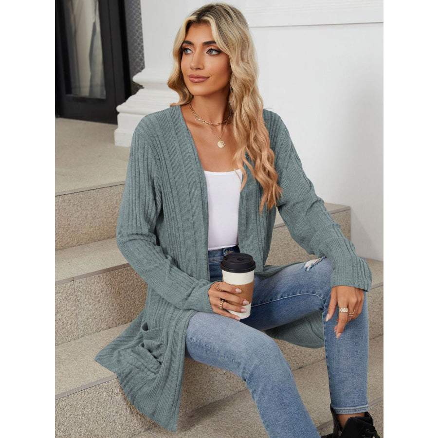 Pocketed Open Front Long Sleeve Cardigan Apparel and Accessories