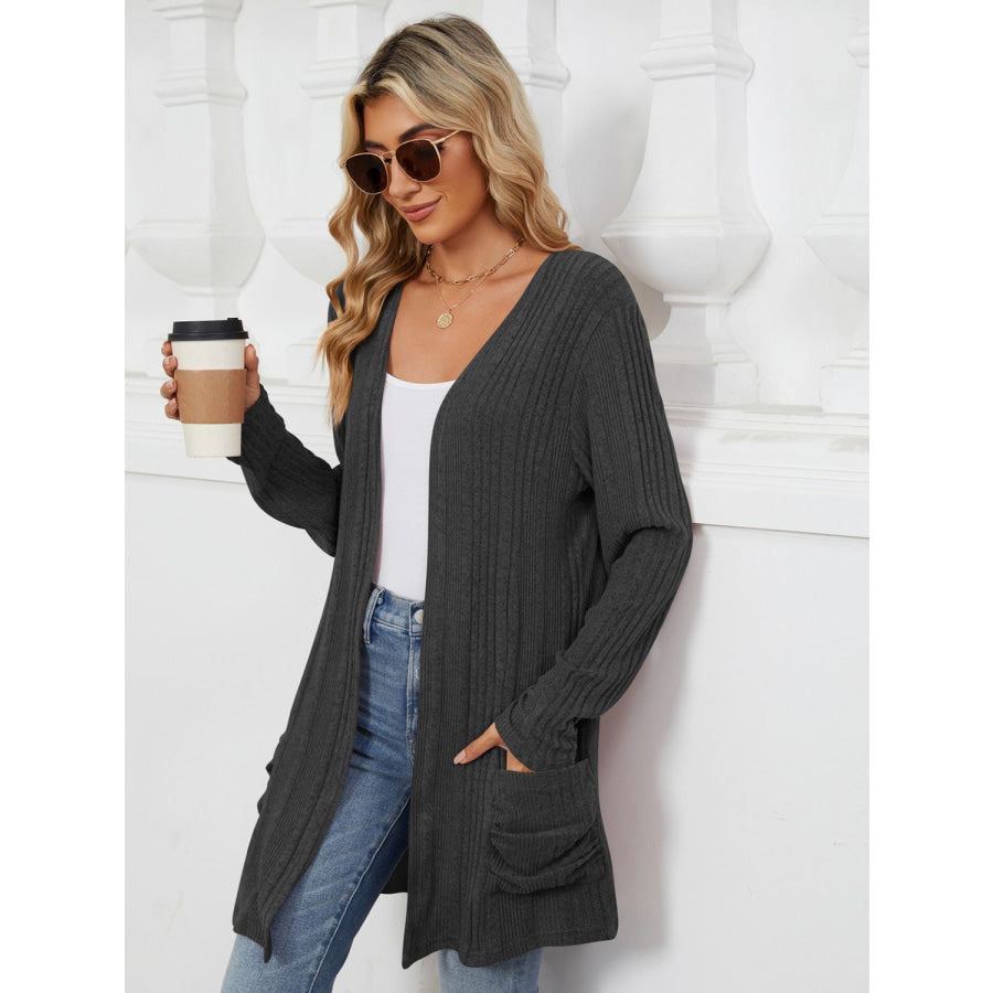 Pocketed Open Front Long Sleeve Cardigan Apparel and Accessories