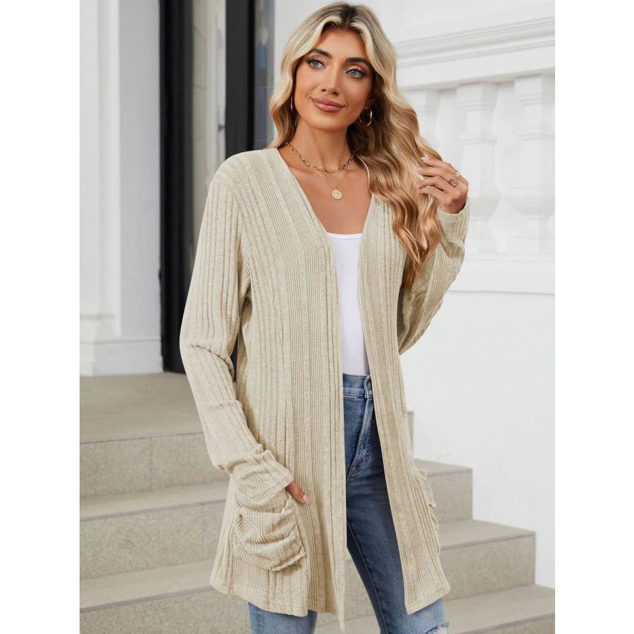 Pocketed Open Front Long Sleeve Cardigan Apparel and Accessories