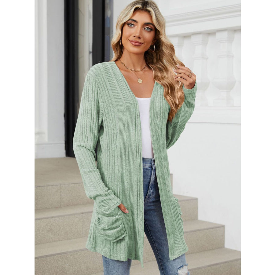 Pocketed Open Front Long Sleeve Cardigan Apparel and Accessories