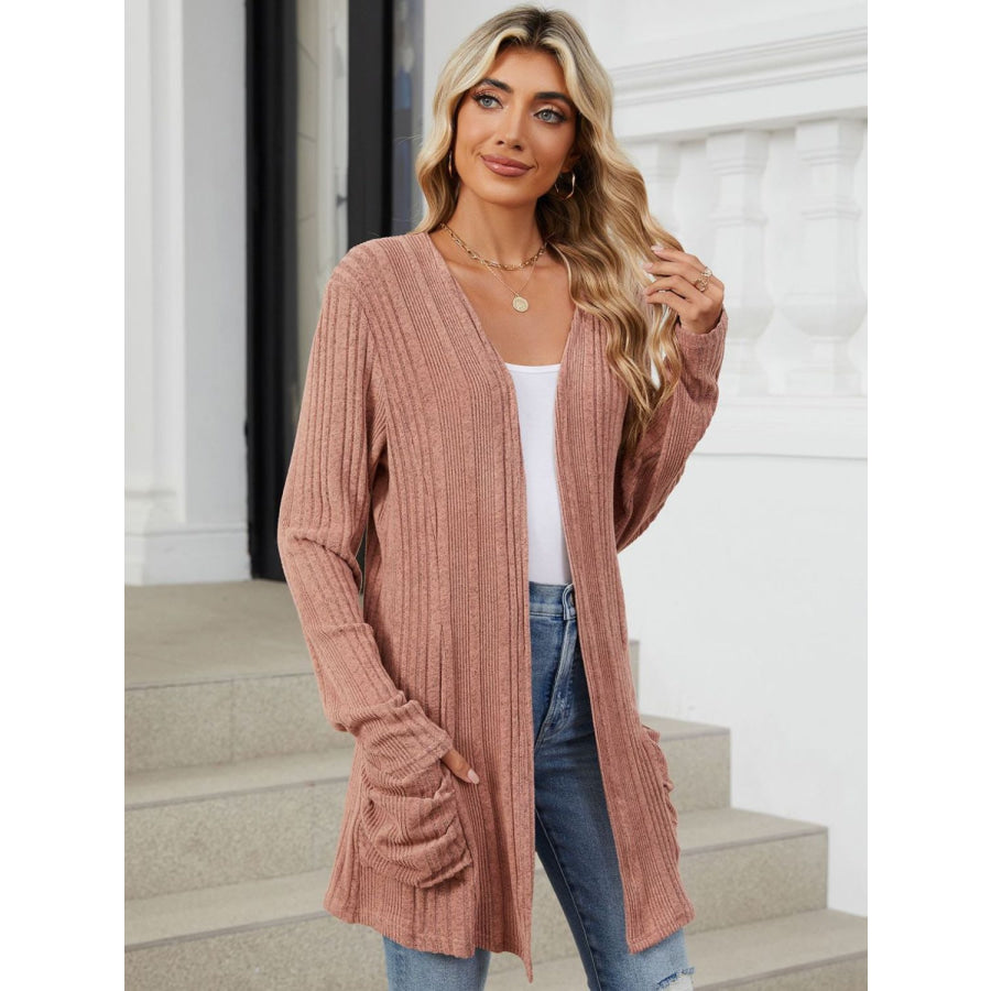 Pocketed Open Front Long Sleeve Cardigan Apparel and Accessories