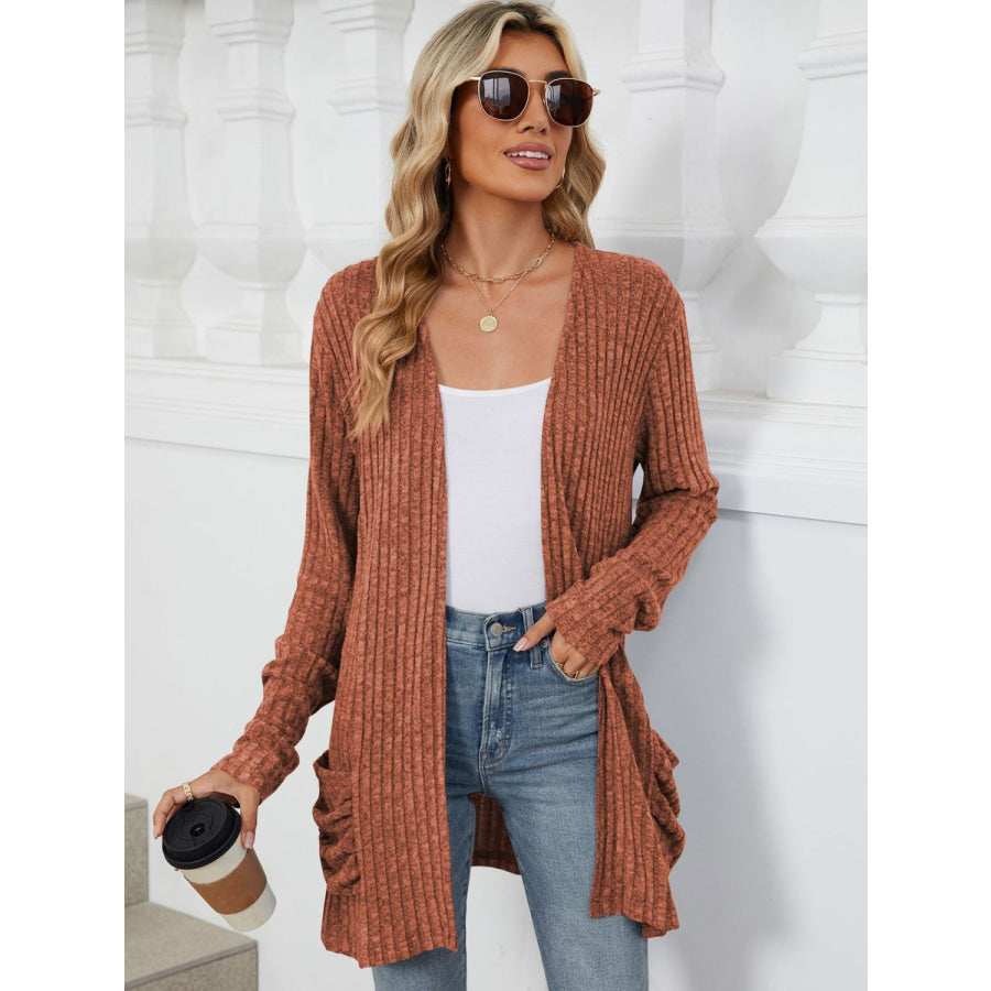 Pocketed Open Front Long Sleeve Cardigan Apparel and Accessories