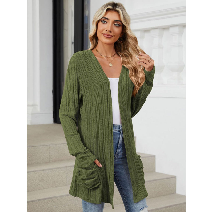 Pocketed Open Front Long Sleeve Cardigan Apparel and Accessories