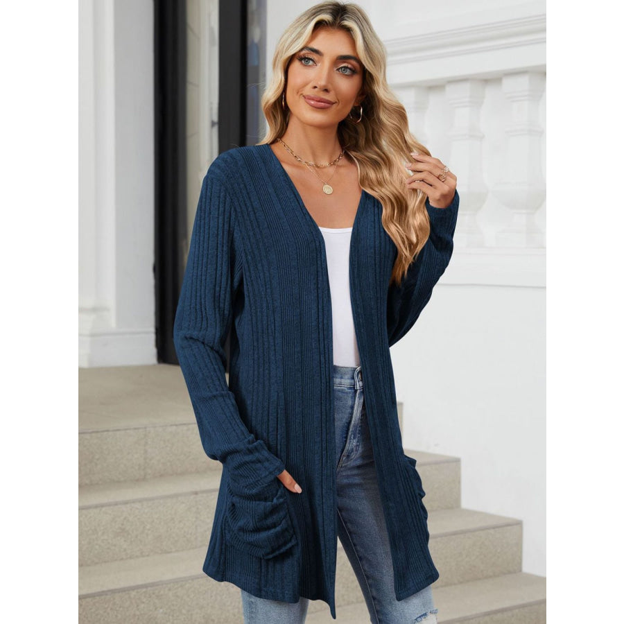 Pocketed Open Front Long Sleeve Cardigan Apparel and Accessories