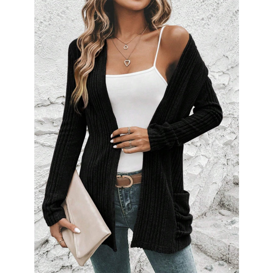 Pocketed Open Front Long Sleeve Cardigan Apparel and Accessories