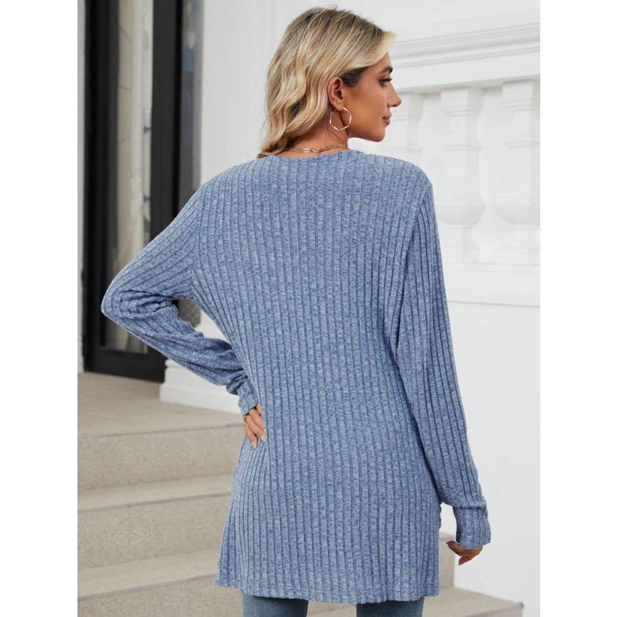 Pocketed Open Front Long Sleeve Cardigan Dusty Blue / S Apparel and Accessories