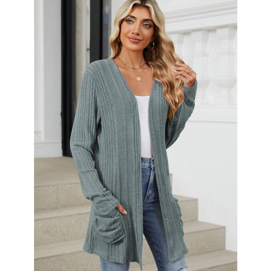 Pocketed Open Front Long Sleeve Cardigan Apparel and Accessories