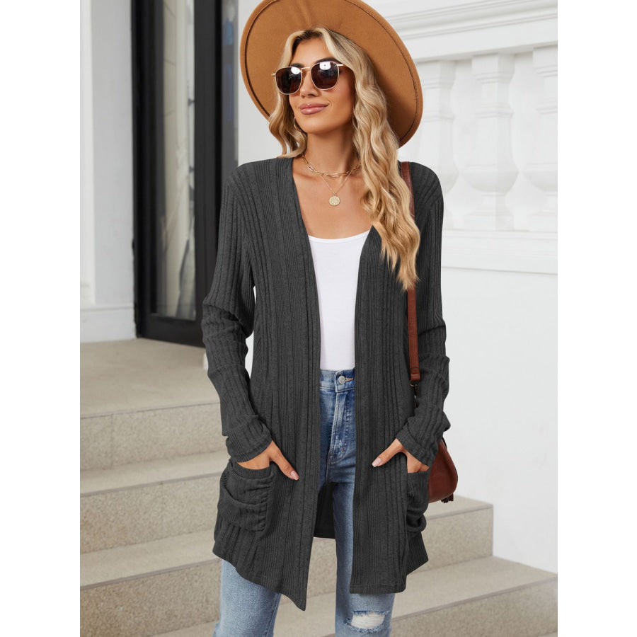 Pocketed Open Front Long Sleeve Cardigan Apparel and Accessories