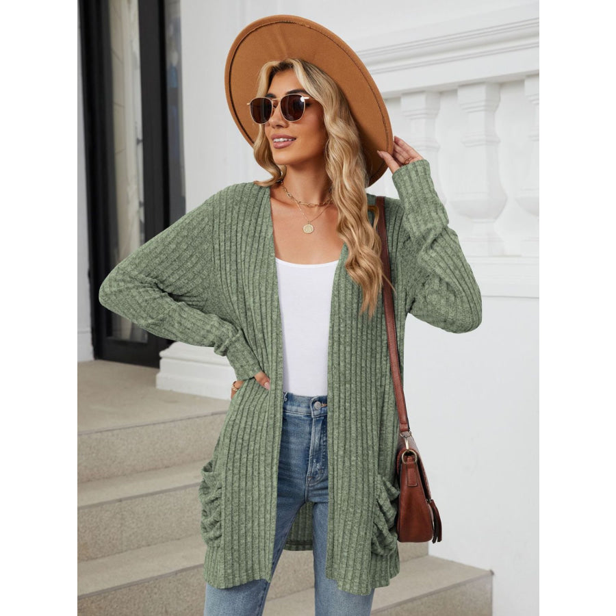 Pocketed Open Front Long Sleeve Cardigan Apparel and Accessories