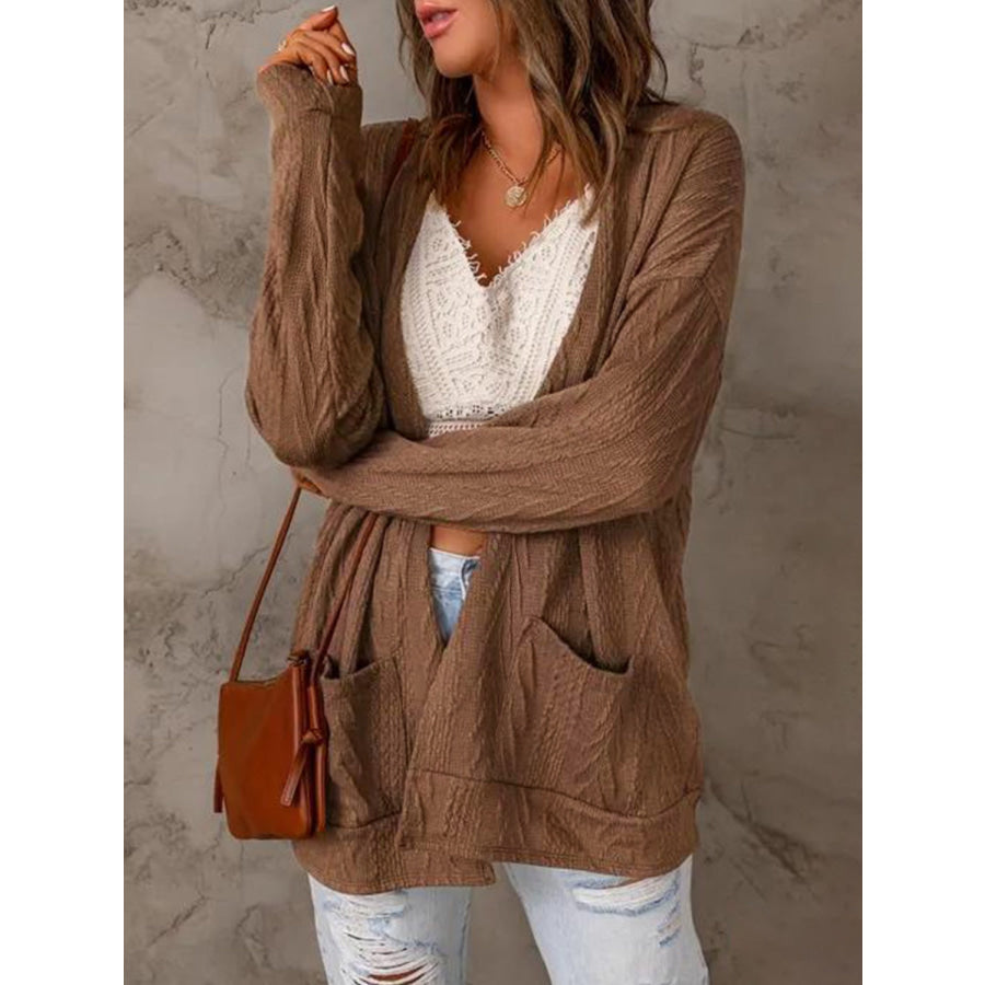 Pocketed Open Front Long Sleeve Cardigan Apparel and Accessories