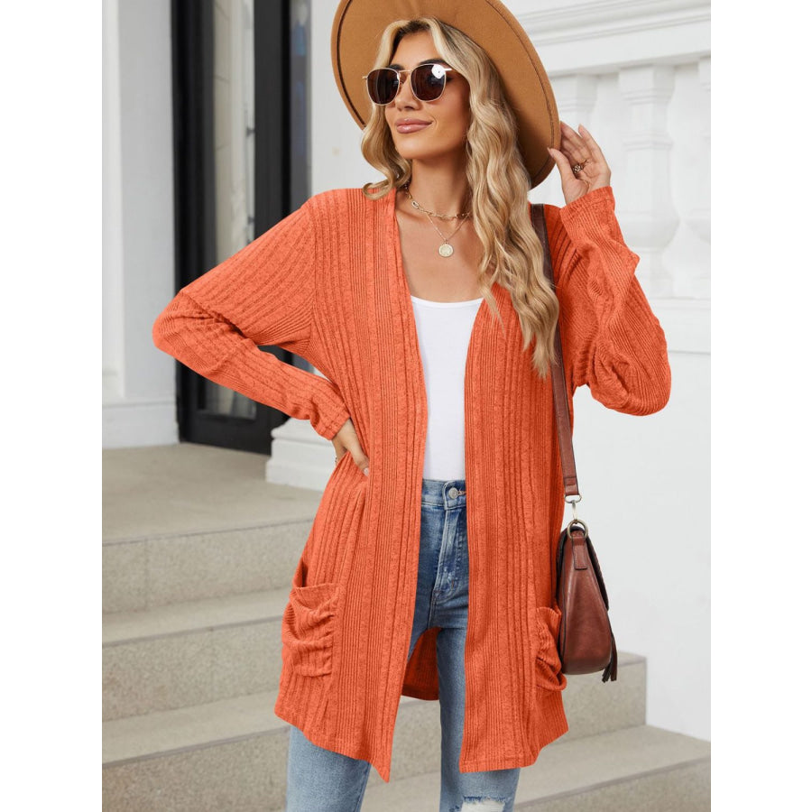 Pocketed Open Front Long Sleeve Cardigan Apparel and Accessories