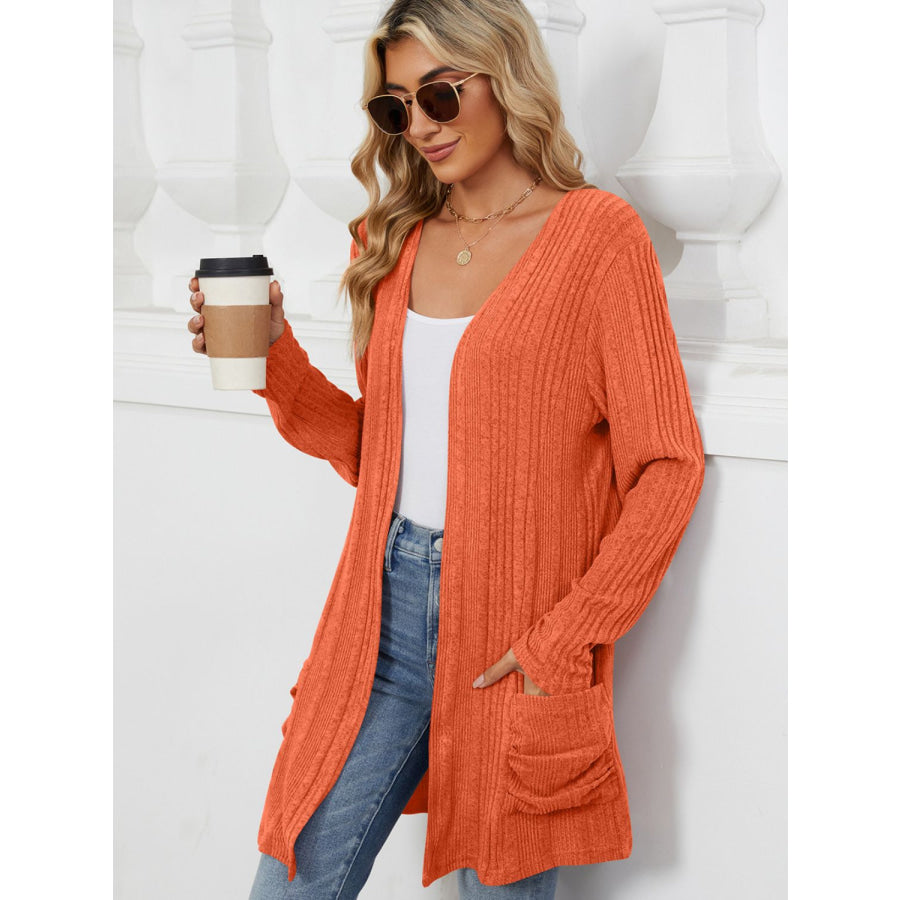 Pocketed Open Front Long Sleeve Cardigan Apparel and Accessories