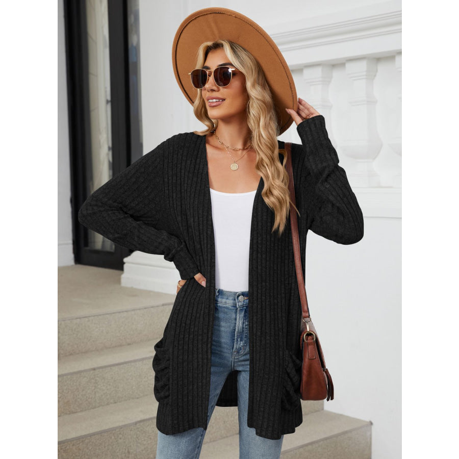 Pocketed Open Front Long Sleeve Cardigan Apparel and Accessories