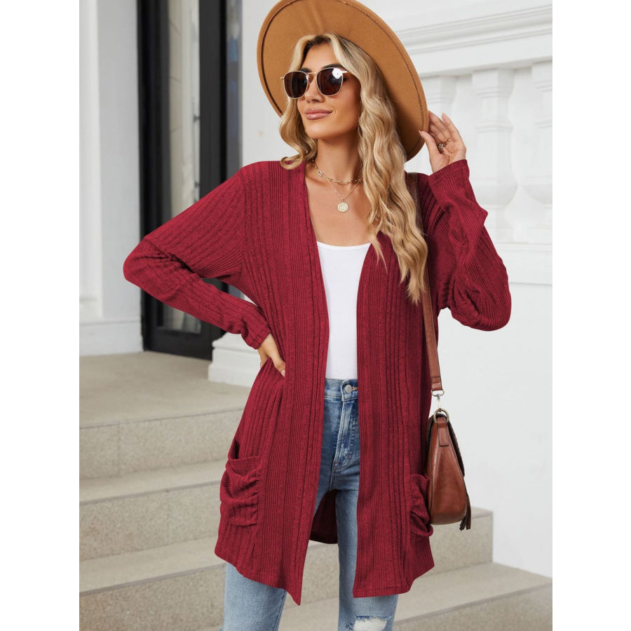 Pocketed Open Front Long Sleeve Cardigan Apparel and Accessories