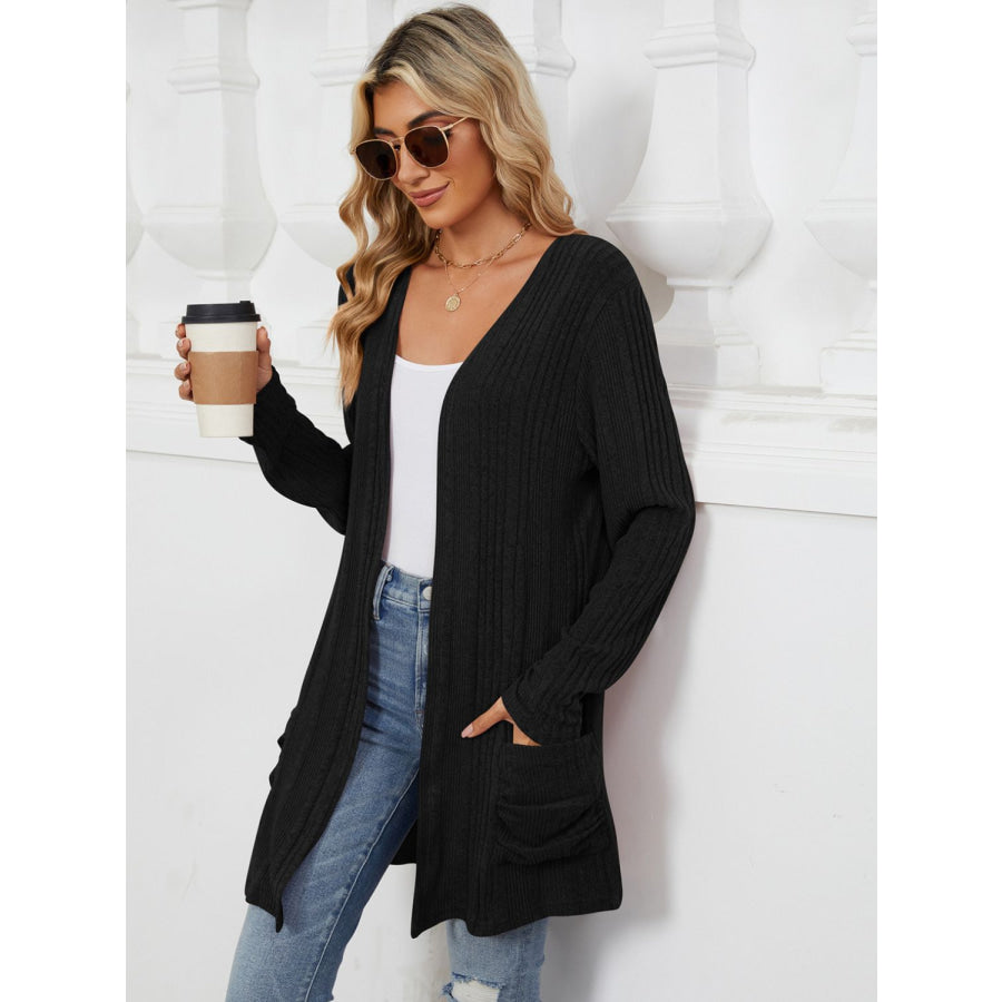 Pocketed Open Front Long Sleeve Cardigan Apparel and Accessories