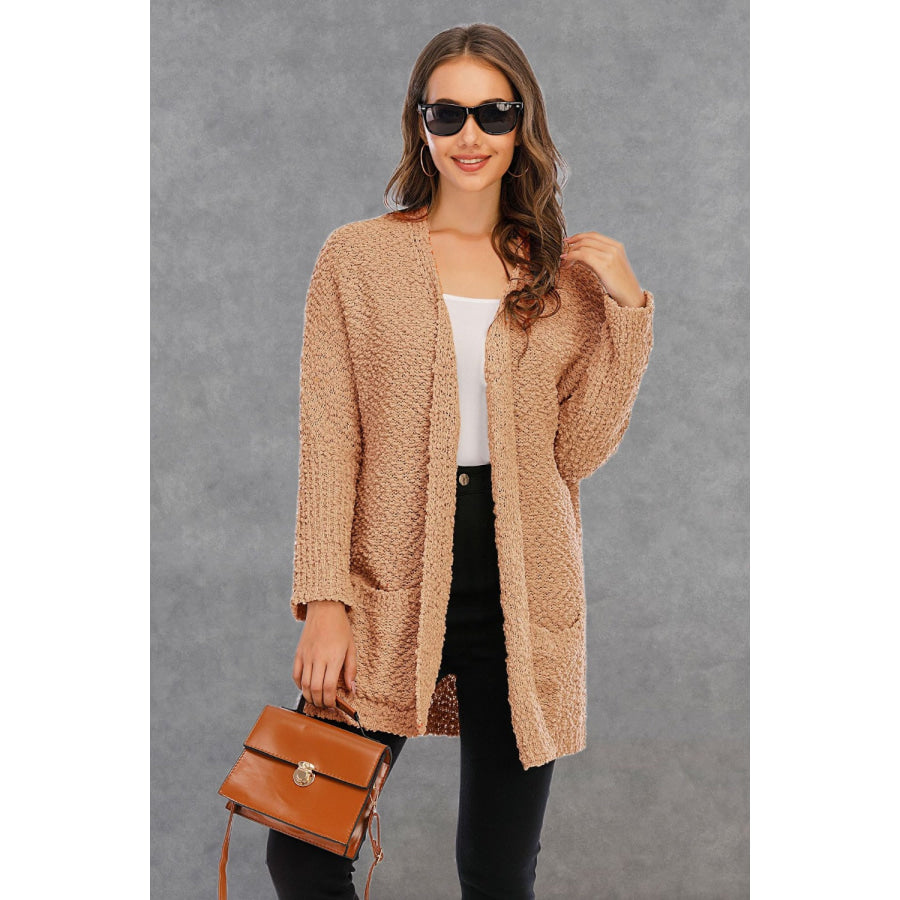 Pocketed Open Front Long Sleeve Cardigan Apparel and Accessories