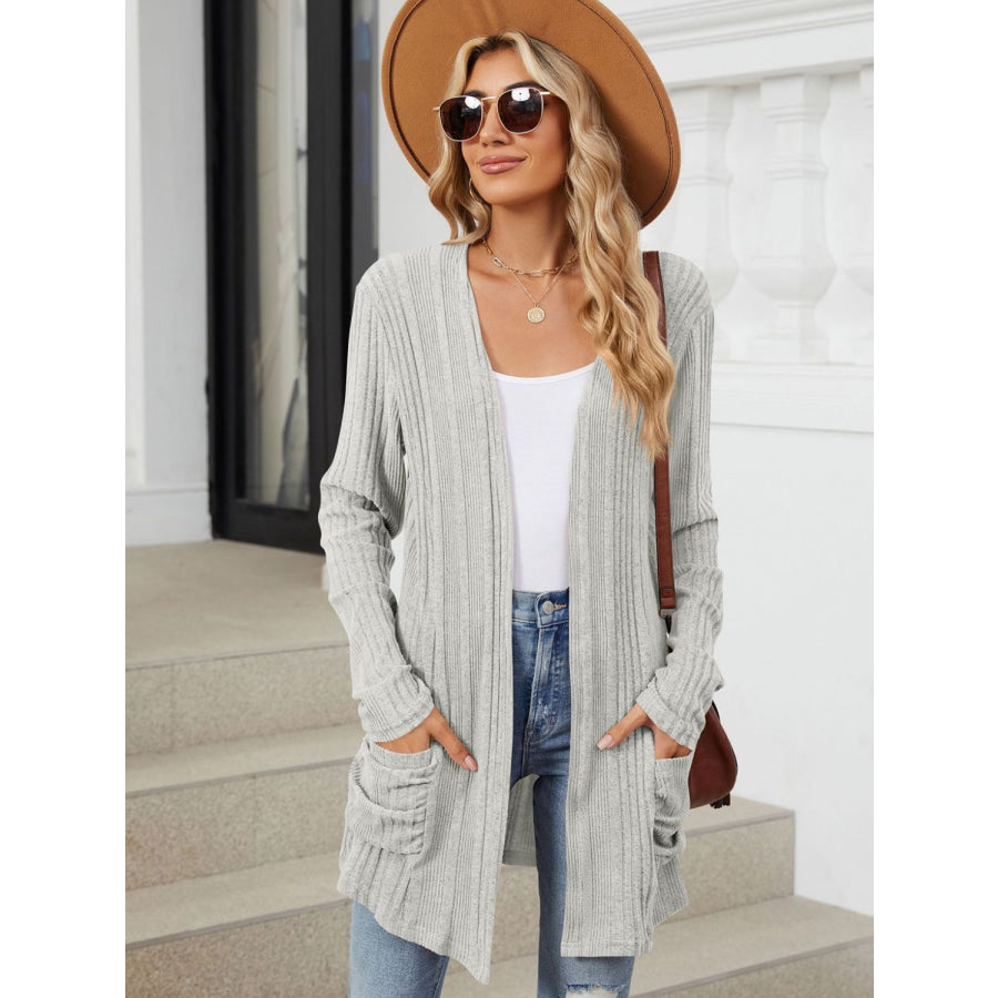 Pocketed Open Front Long Sleeve Cardigan Apparel and Accessories