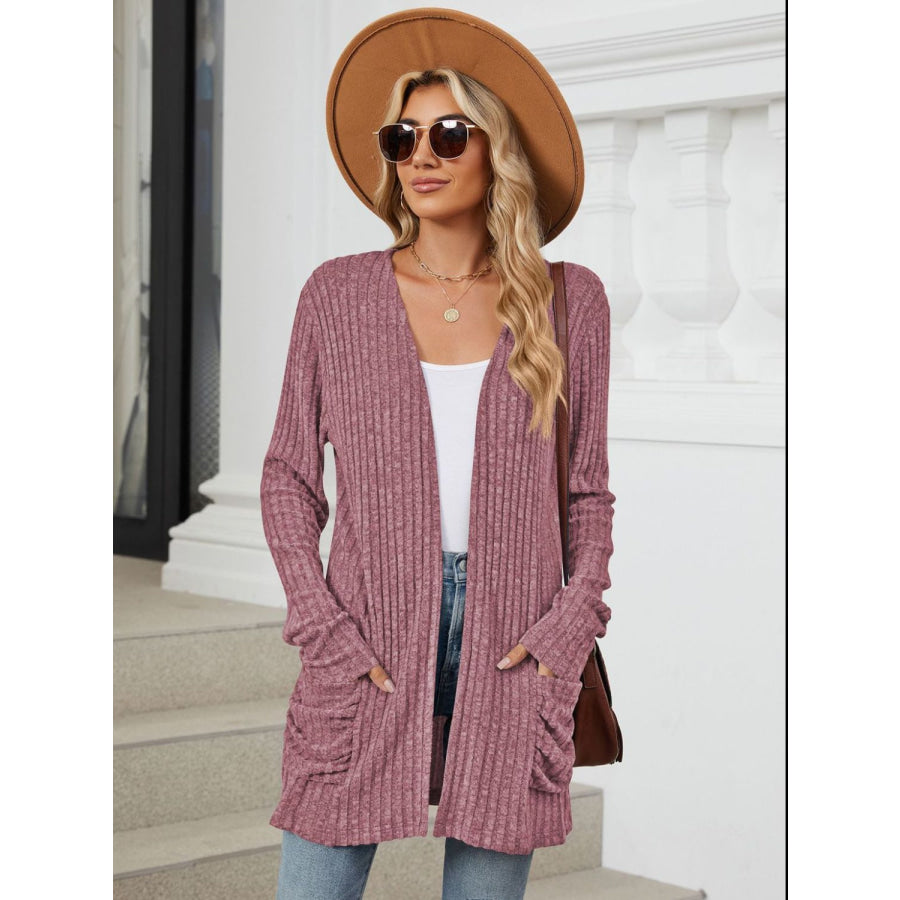 Pocketed Open Front Long Sleeve Cardigan Apparel and Accessories