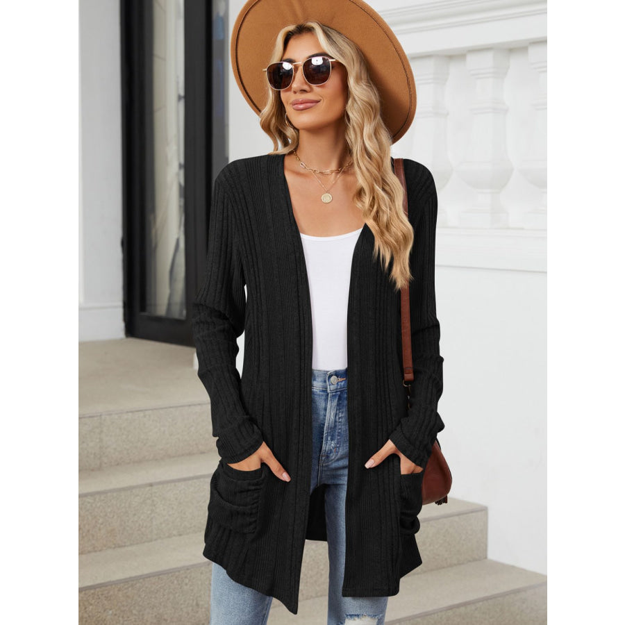 Pocketed Open Front Long Sleeve Cardigan Apparel and Accessories