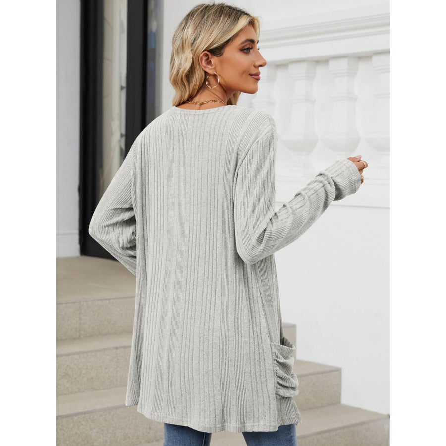 Pocketed Open Front Long Sleeve Cardigan Apparel and Accessories