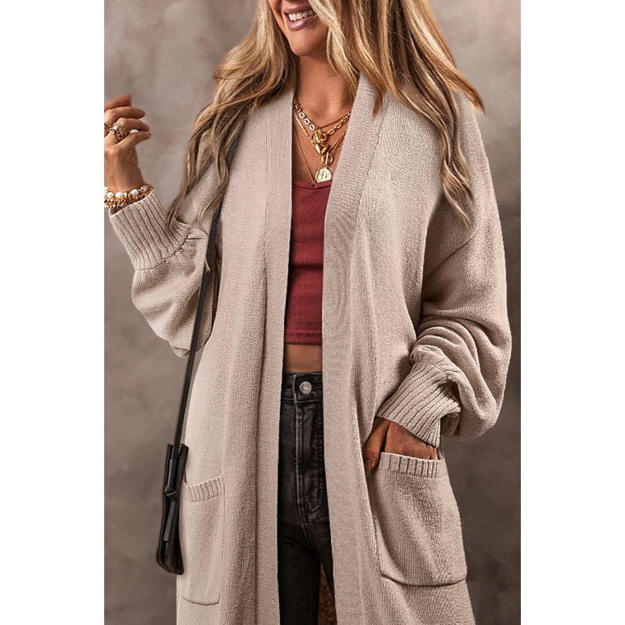 Pocketed Open Front Long Sleeve Cardigan Apparel and Accessories