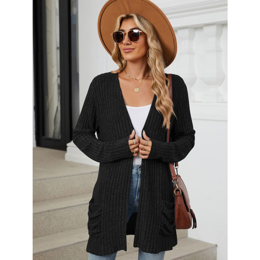 Pocketed Open Front Long Sleeve Cardigan Apparel and Accessories