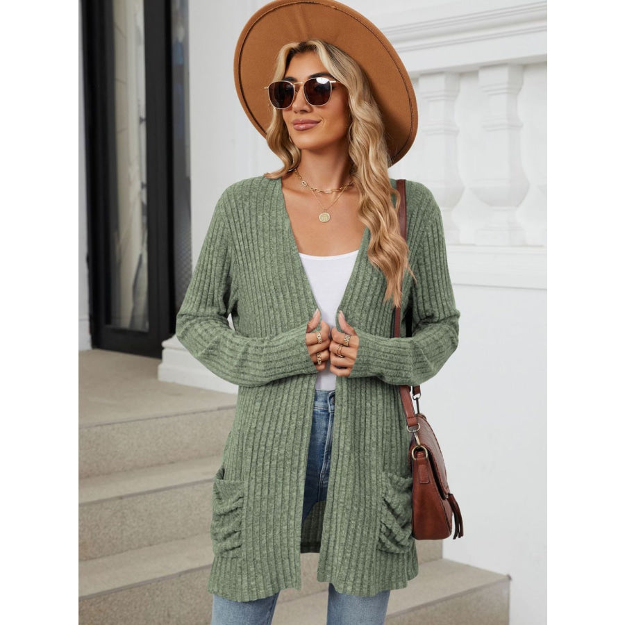 Pocketed Open Front Long Sleeve Cardigan Apparel and Accessories