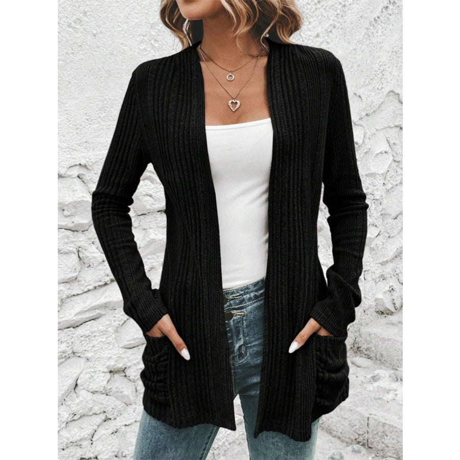 Pocketed Open Front Long Sleeve Cardigan Apparel and Accessories