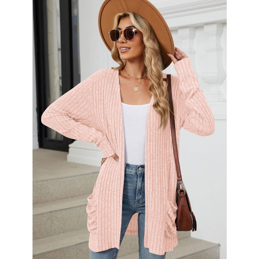 Pocketed Open Front Long Sleeve Cardigan Apparel and Accessories