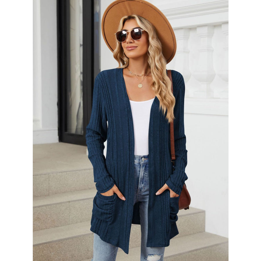 Pocketed Open Front Long Sleeve Cardigan Apparel and Accessories