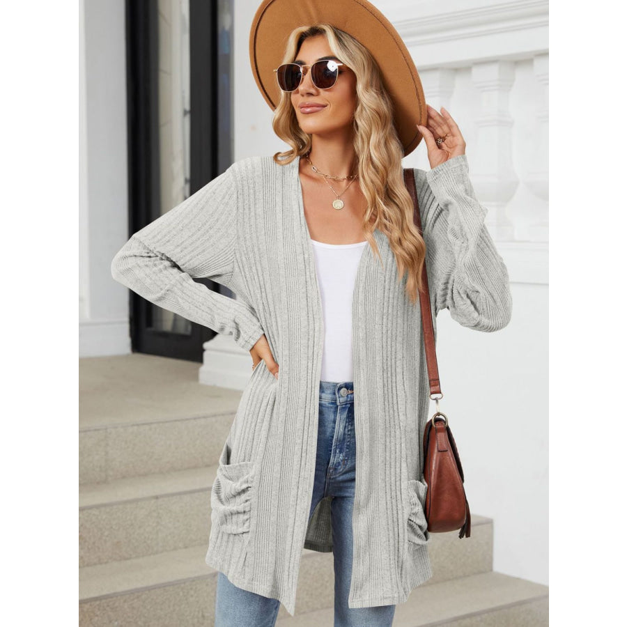 Pocketed Open Front Long Sleeve Cardigan Apparel and Accessories