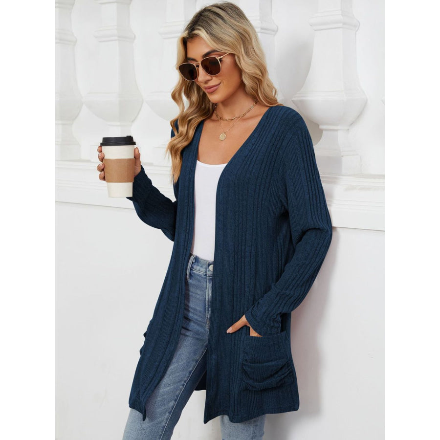 Pocketed Open Front Long Sleeve Cardigan Apparel and Accessories