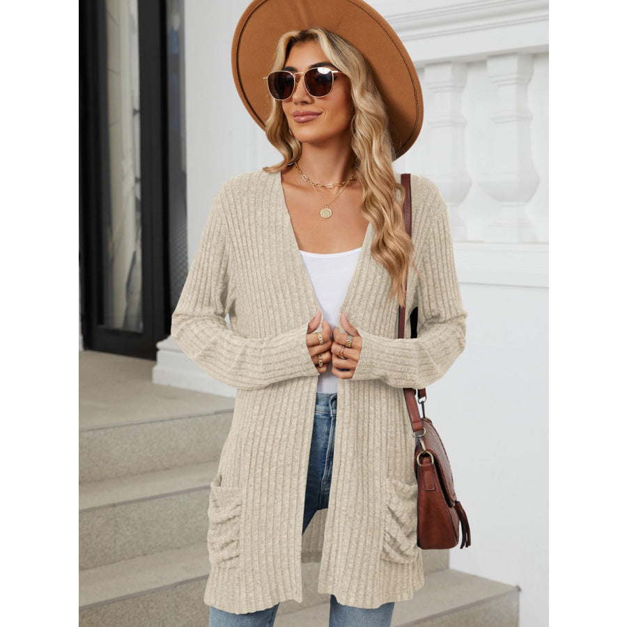 Pocketed Open Front Long Sleeve Cardigan Apparel and Accessories