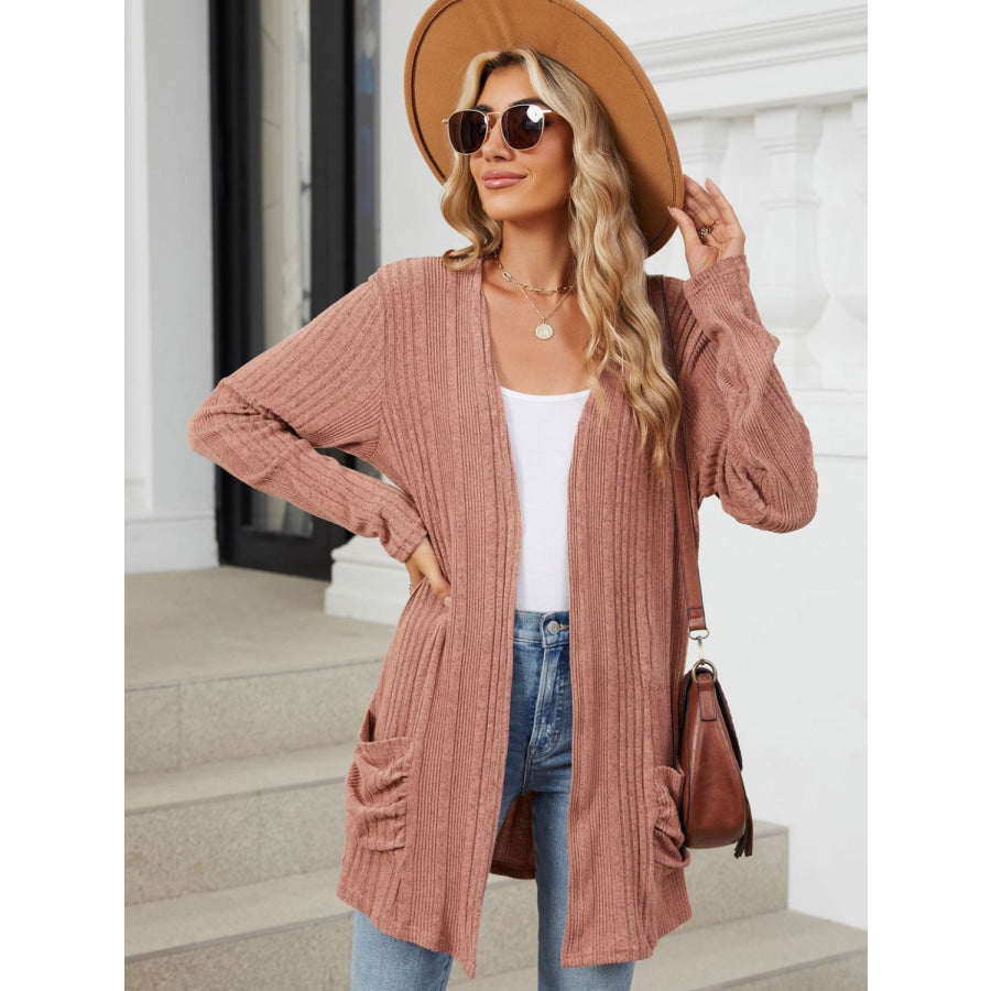 Pocketed Open Front Long Sleeve Cardigan Apparel and Accessories