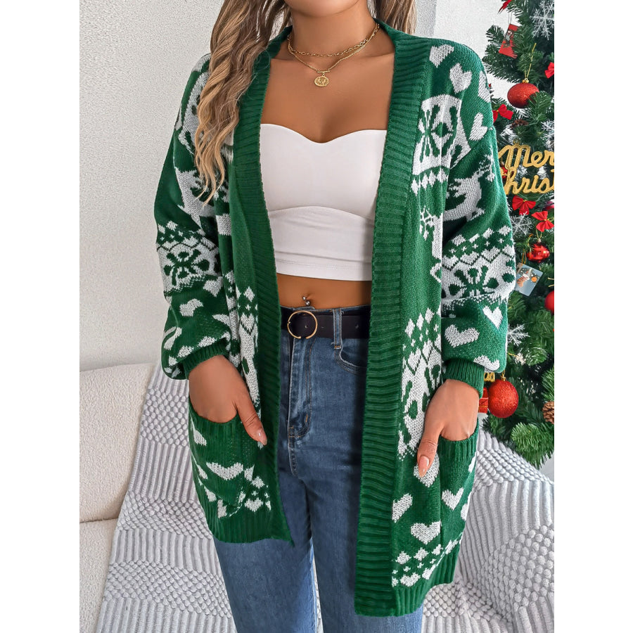 Pocketed Open Front Long Sleeve Cardigan Dark Green / S Apparel and Accessories