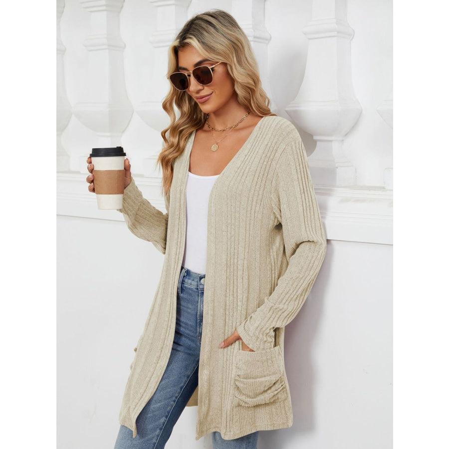 Pocketed Open Front Long Sleeve Cardigan Apparel and Accessories