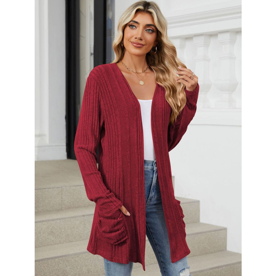 Pocketed Open Front Long Sleeve Cardigan Apparel and Accessories