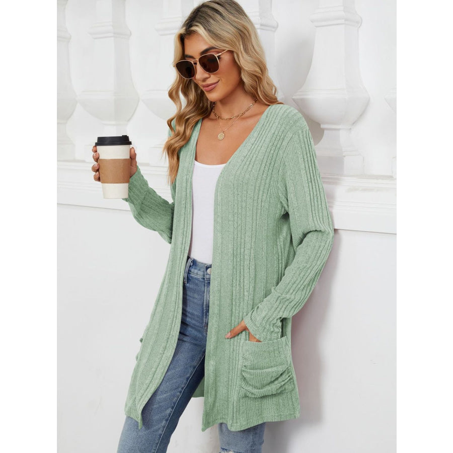 Pocketed Open Front Long Sleeve Cardigan Apparel and Accessories