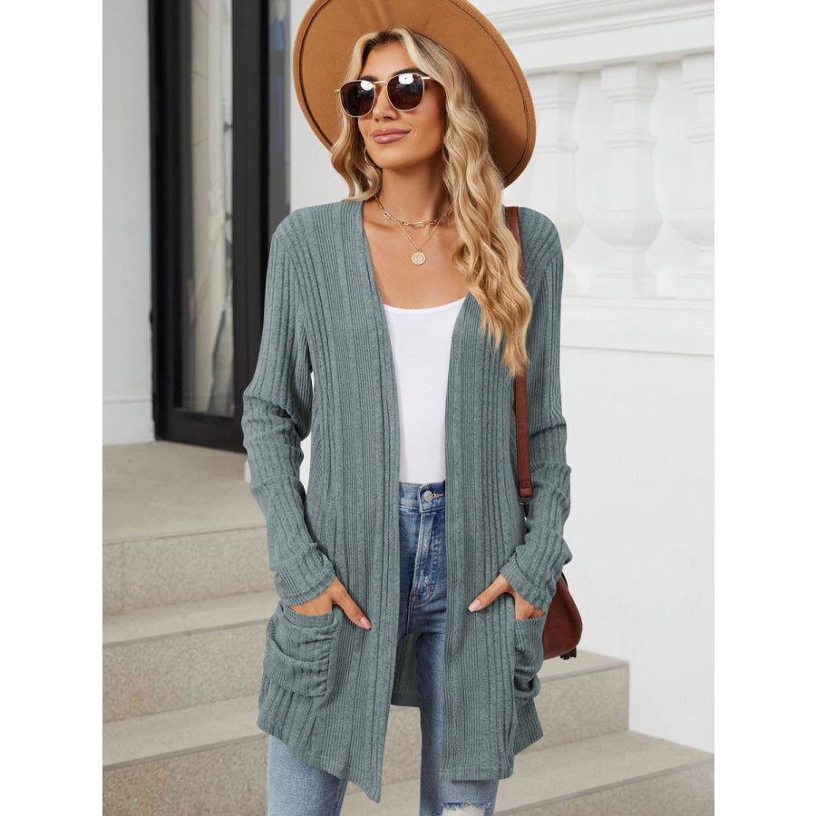 Pocketed Open Front Long Sleeve Cardigan Apparel and Accessories