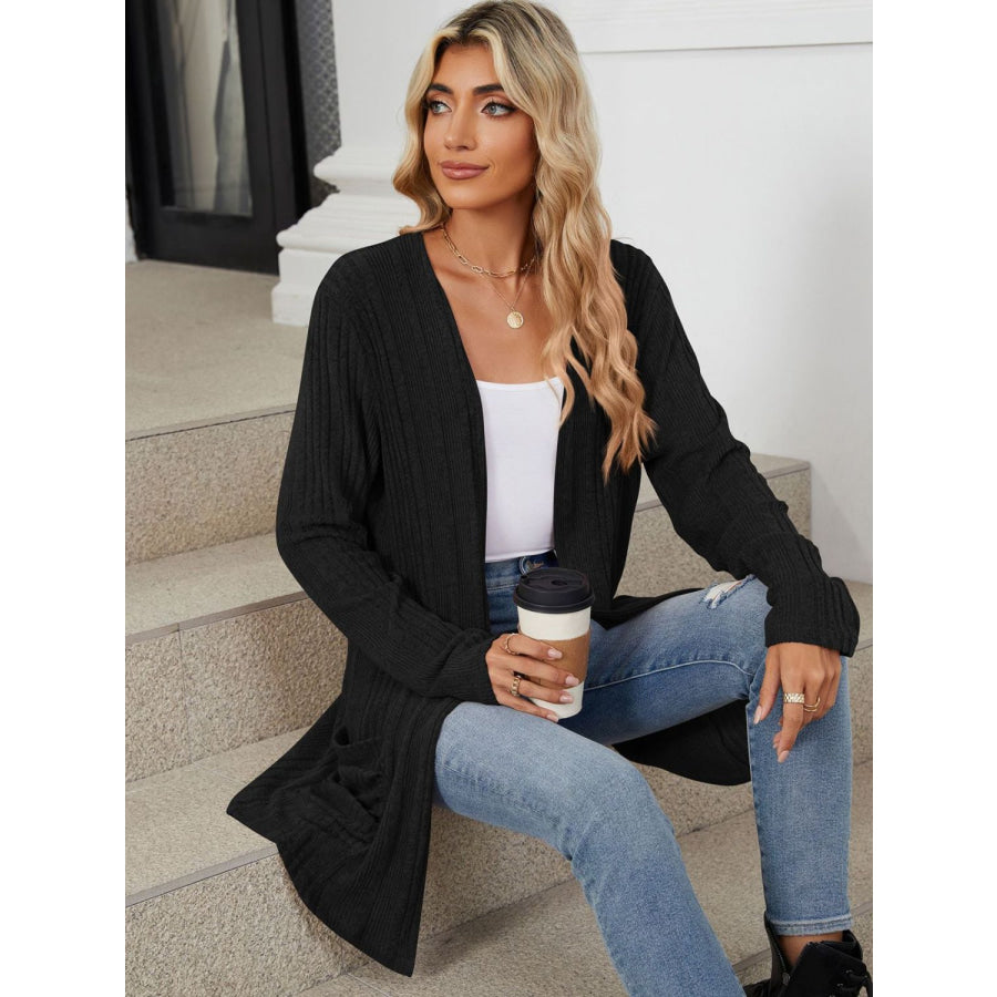 Pocketed Open Front Long Sleeve Cardigan Apparel and Accessories